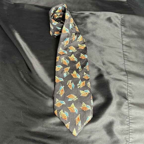 Vintage Damon Mens Black Necktie Blue and Orange Geometric Silk Made In Italy - Picture 9 of 16